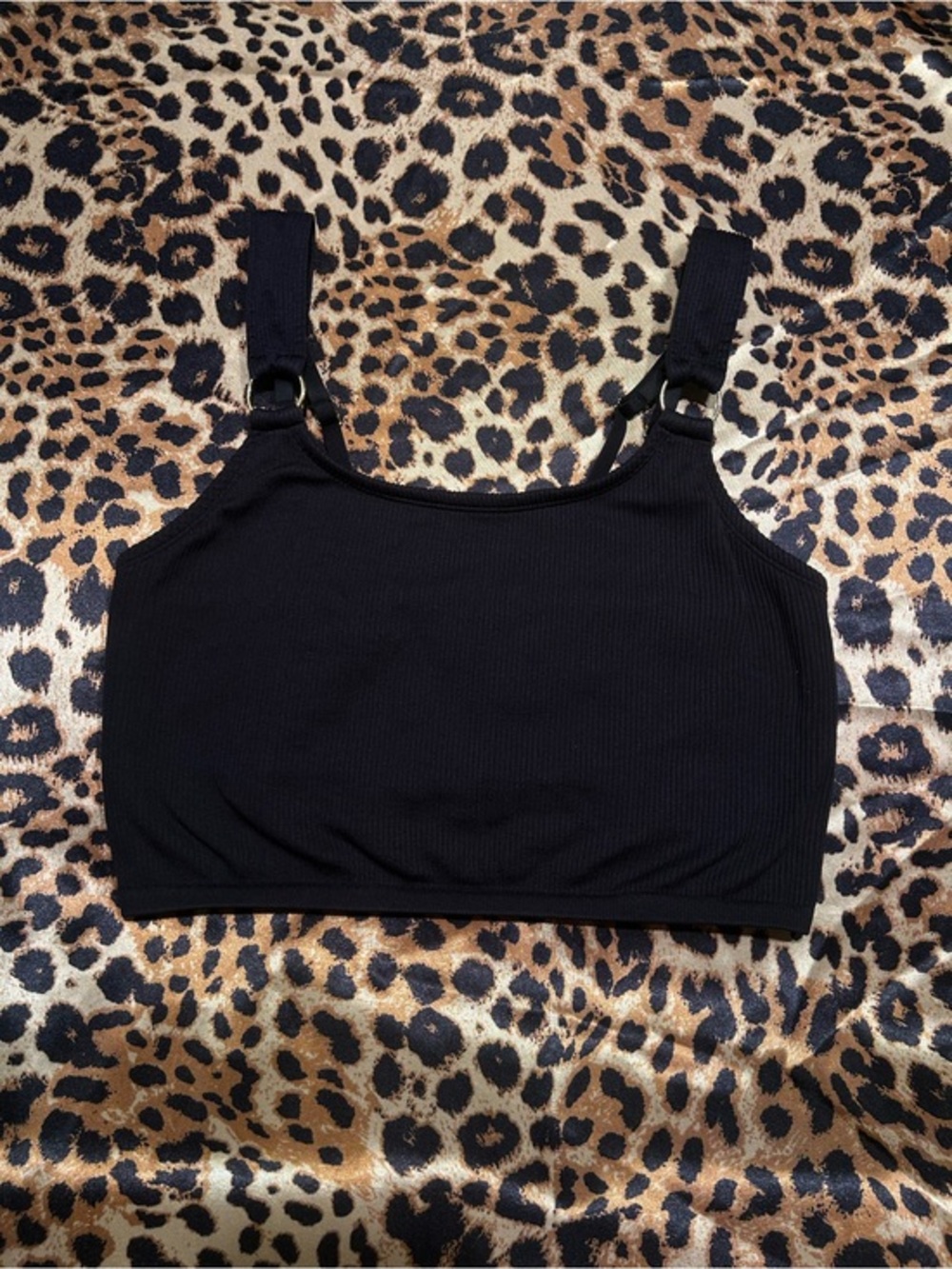 Aerie Black Ribbed Seamless Bralette Top with Gold O Rings on Straps